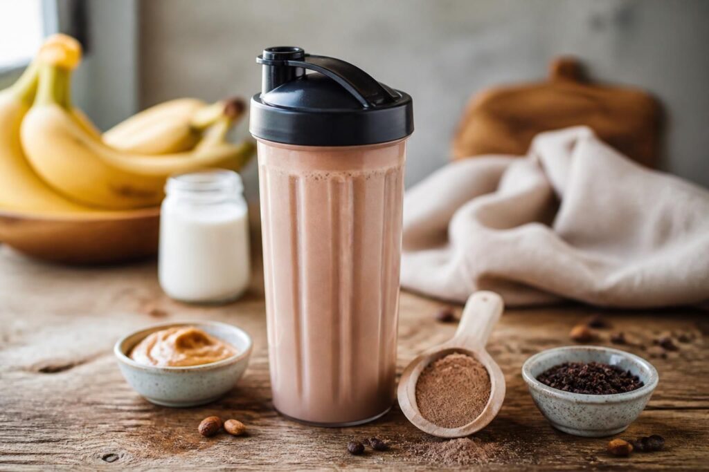 Six shakers protéinés maison alignés sur un plan de travail en bois avec des ingrédients frais autour : banane, flocons d'avoine, fruits rouges, épinards, cacao et beurre de cacahuète