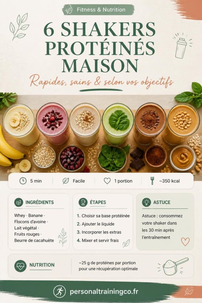 6 shakers protéinés maison alignés avec leurs ingrédients : banane, flocons d'avoine, fruits rouges, épinards, cacao et beurre de cacahuète