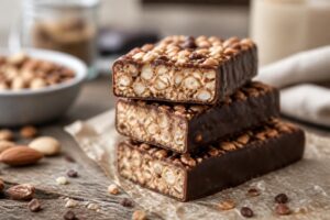 Barres protéinées maison sans cuisson, enrobées de chocolat noir, posées sur du papier sulfurisé avec des flocons d'avoine et du beurre de cacahuète