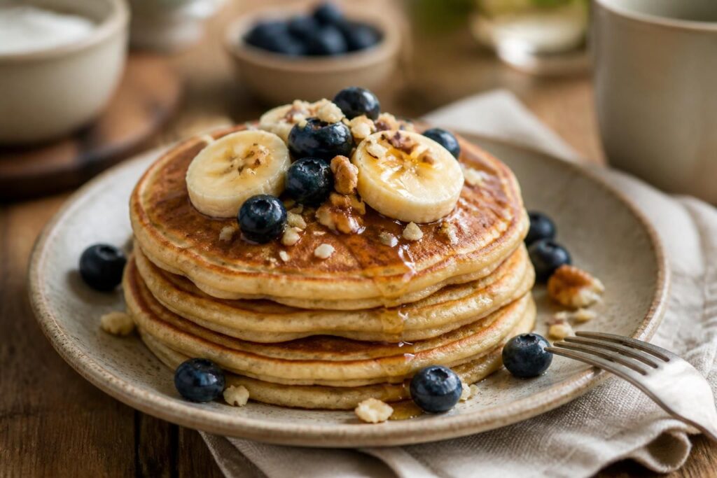 Pancakes protéinés empilés sur une assiette blanche, garnis de fruits rouges et d'un filet de miel, sur fond bois clair