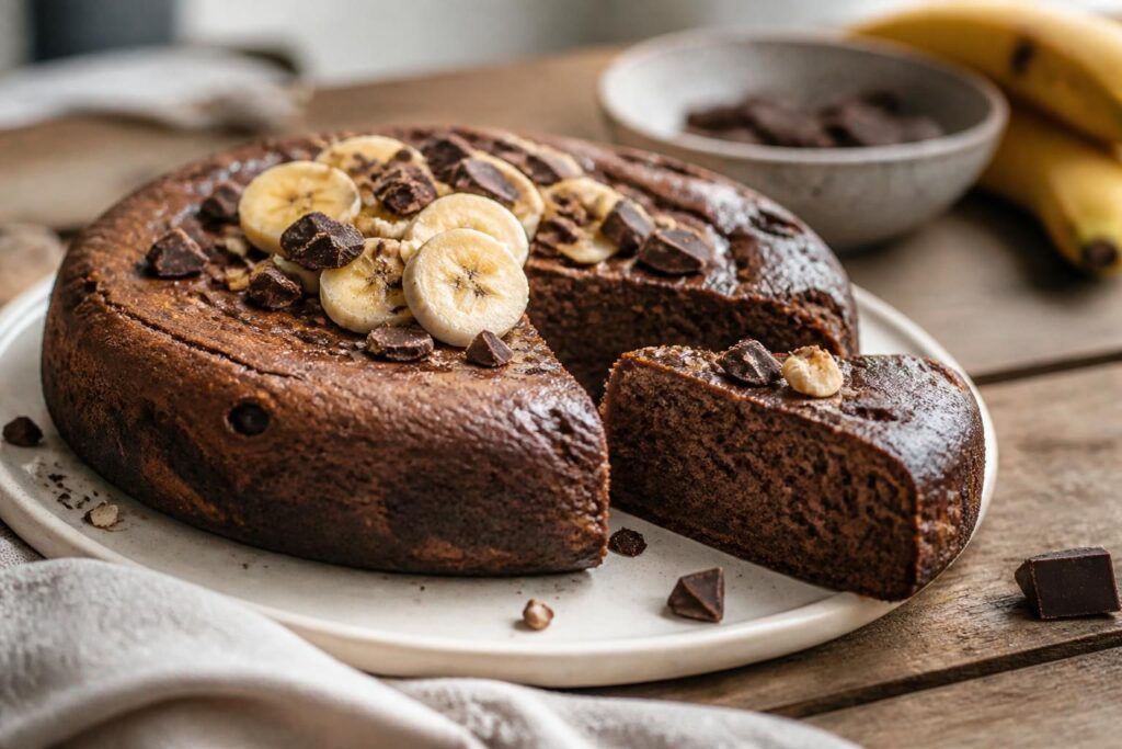 Gâteau protéiné aux flocons d'avoine et fromage blanc, coupé en parts, posé sur une planche en bois avec des fruits rouges frais
