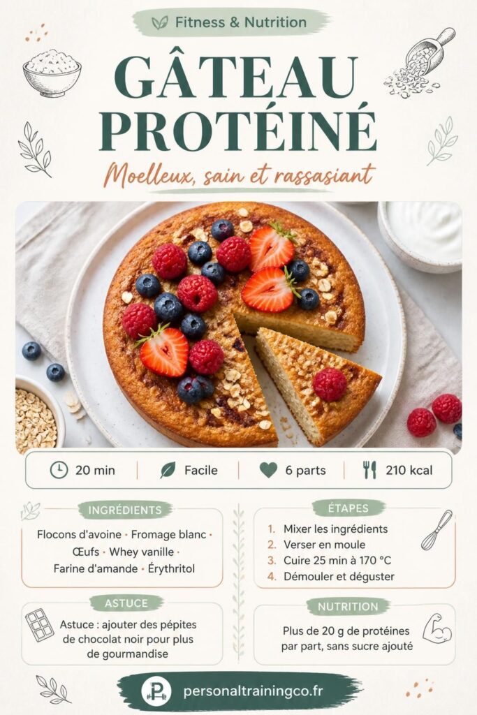 Recette de gâteau protéiné aux flocons d'avoine et fromage blanc, coupé en parts avec des fruits rouges