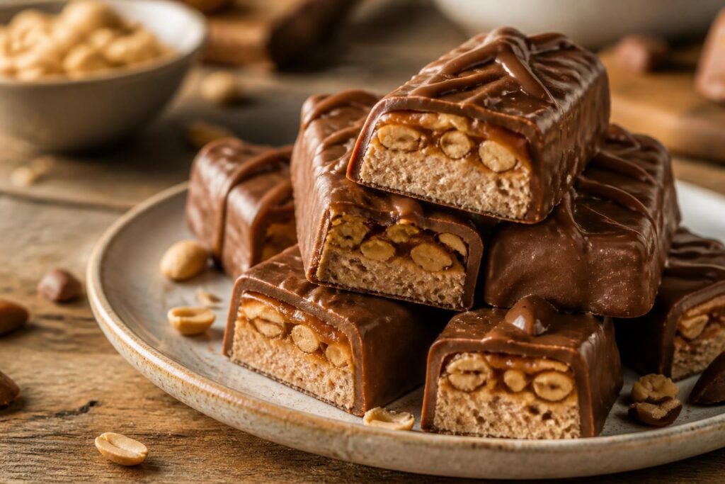 Snickers protéiné maison coupé en deux sur une planche en bois, montrant les couches nougat, caramel de dattes et cacahuètes enrobées de chocolat noir