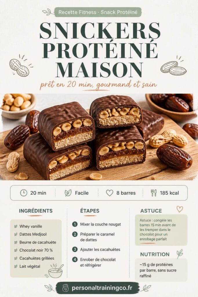 Snickers protéiné maison : barres coupées montrant les couches nougat, caramel de dattes et cacahuètes enrobées de chocolat noir 70 %